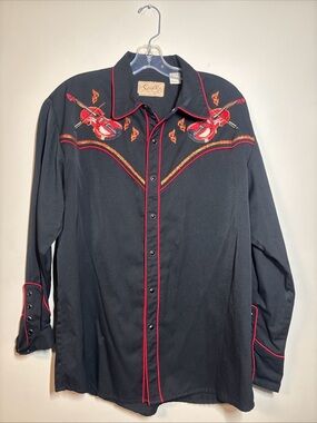 Scully Black Western Button-Down Shirt with Red Embroidery